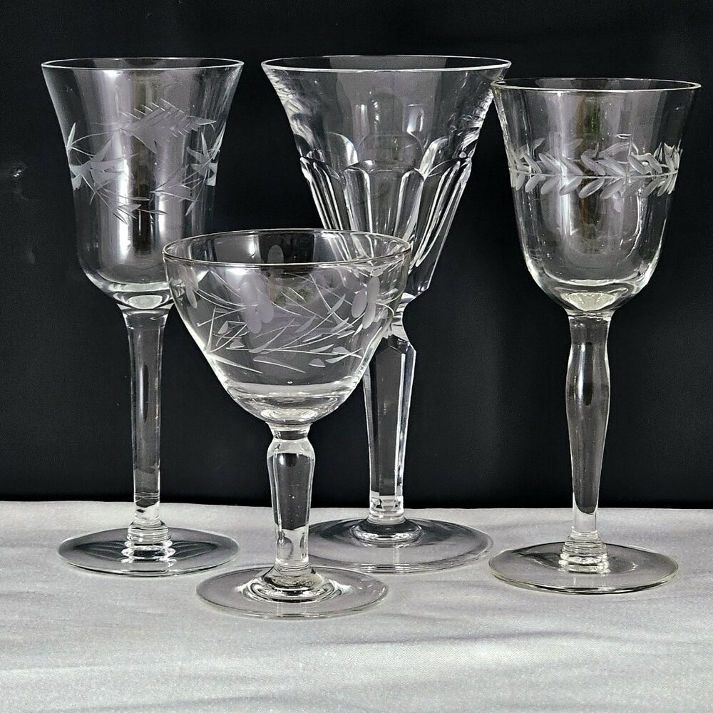 4 Mismatched Vintage Cocktail Glasses Etched Floral Romancic mixed drinks party